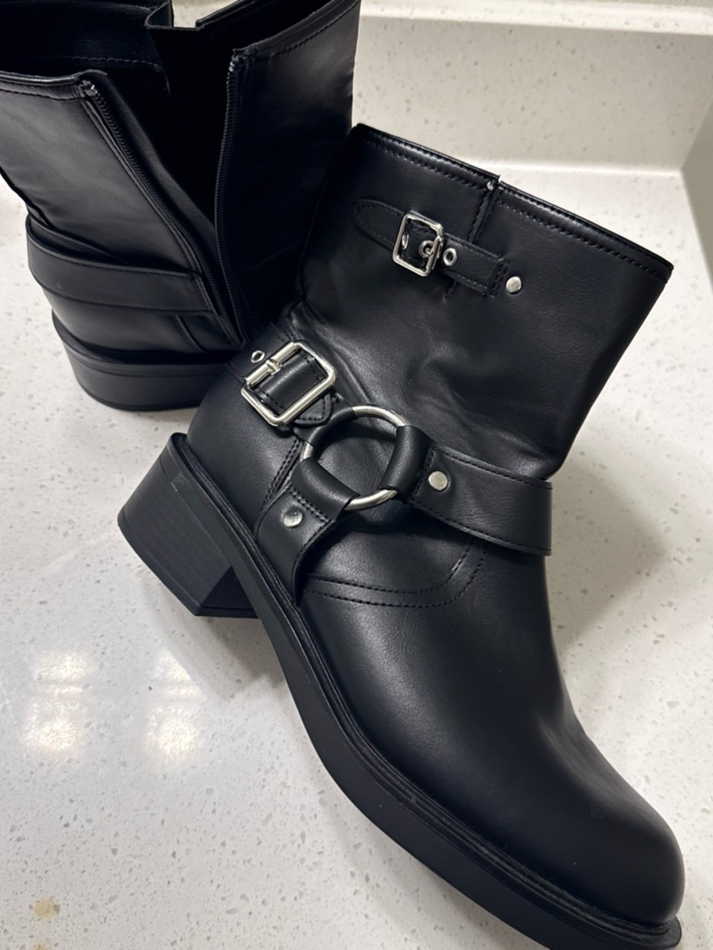 Women's Black Leather Buckle Ankle Boots